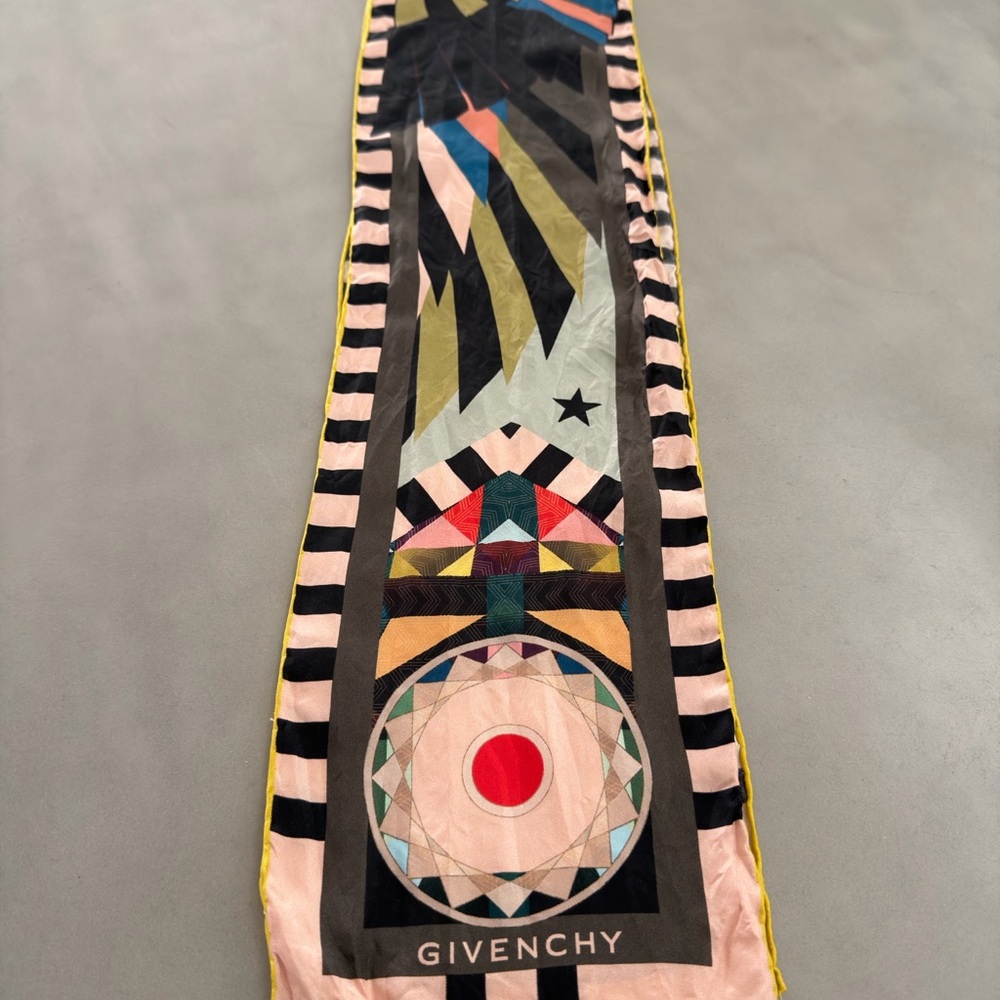 Givenchy Multicolor Geometric Silk Scarf with Black & Pink Border